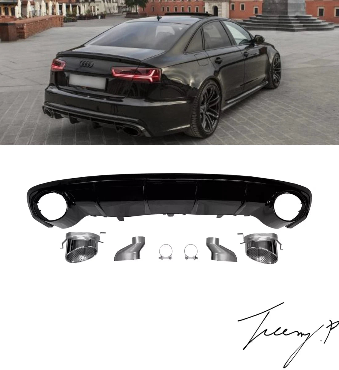 Audi A6 C7 Facelift (2015-2018) Rear Diffuser RS6 Style Gloss Black Silver Tips