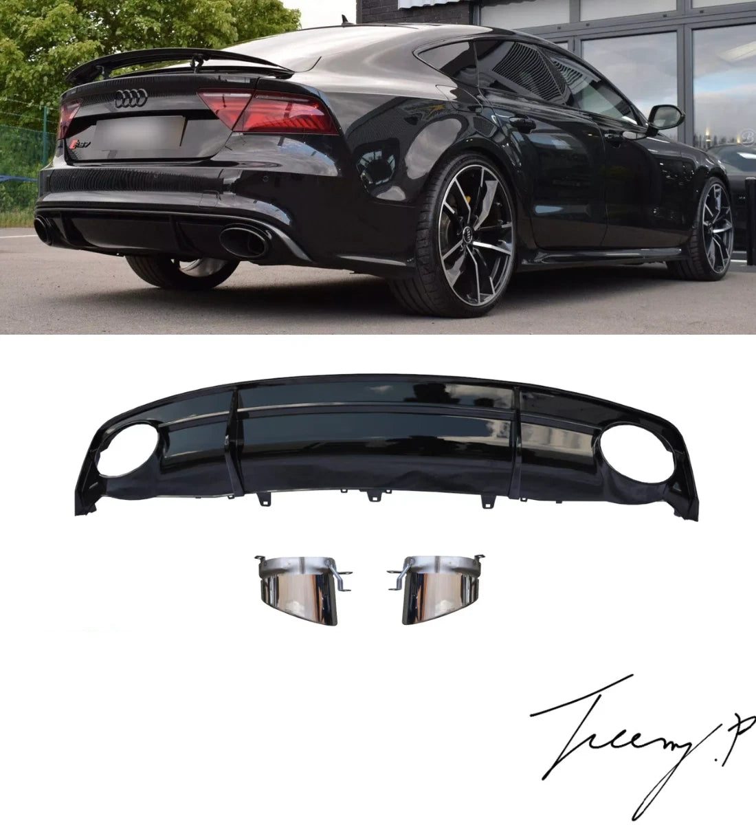 Audi A7 S-Line Facelift (2014–2017) Rear Diffuser RS7 Style Gloss Black with Silver Tips