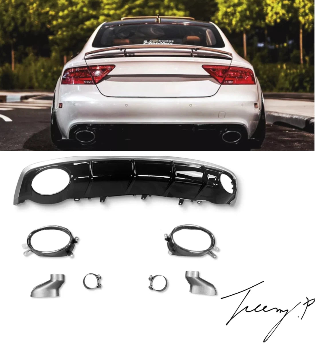 Audi A7 (2016-2018) Rear Diffuser Gloss Black RS7 Style with Black Tailpipes