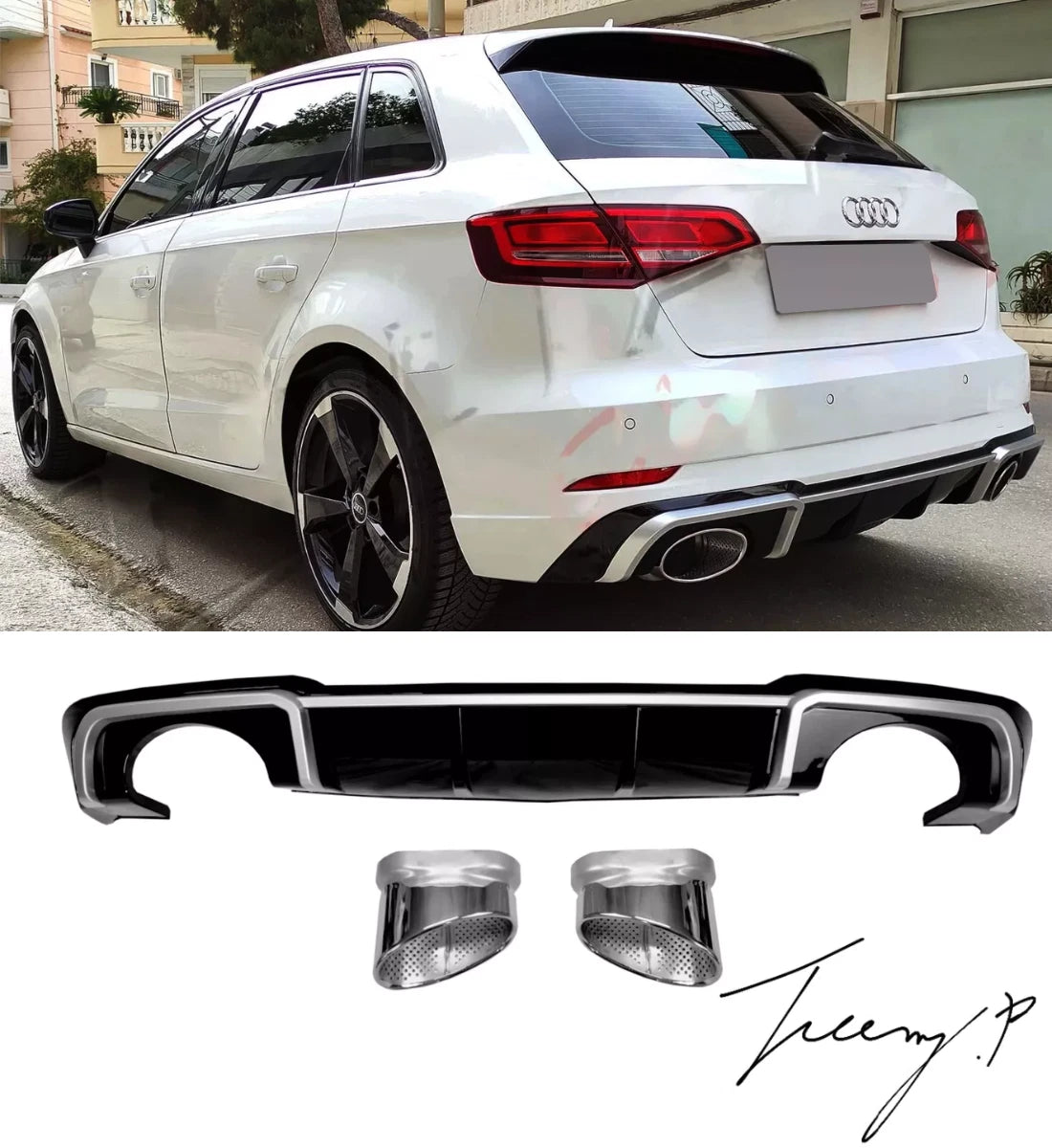 Gloss Black RS3 Style Rear Diffuser With Silver Tips For Audi A3 8V Facelift 2017-2020