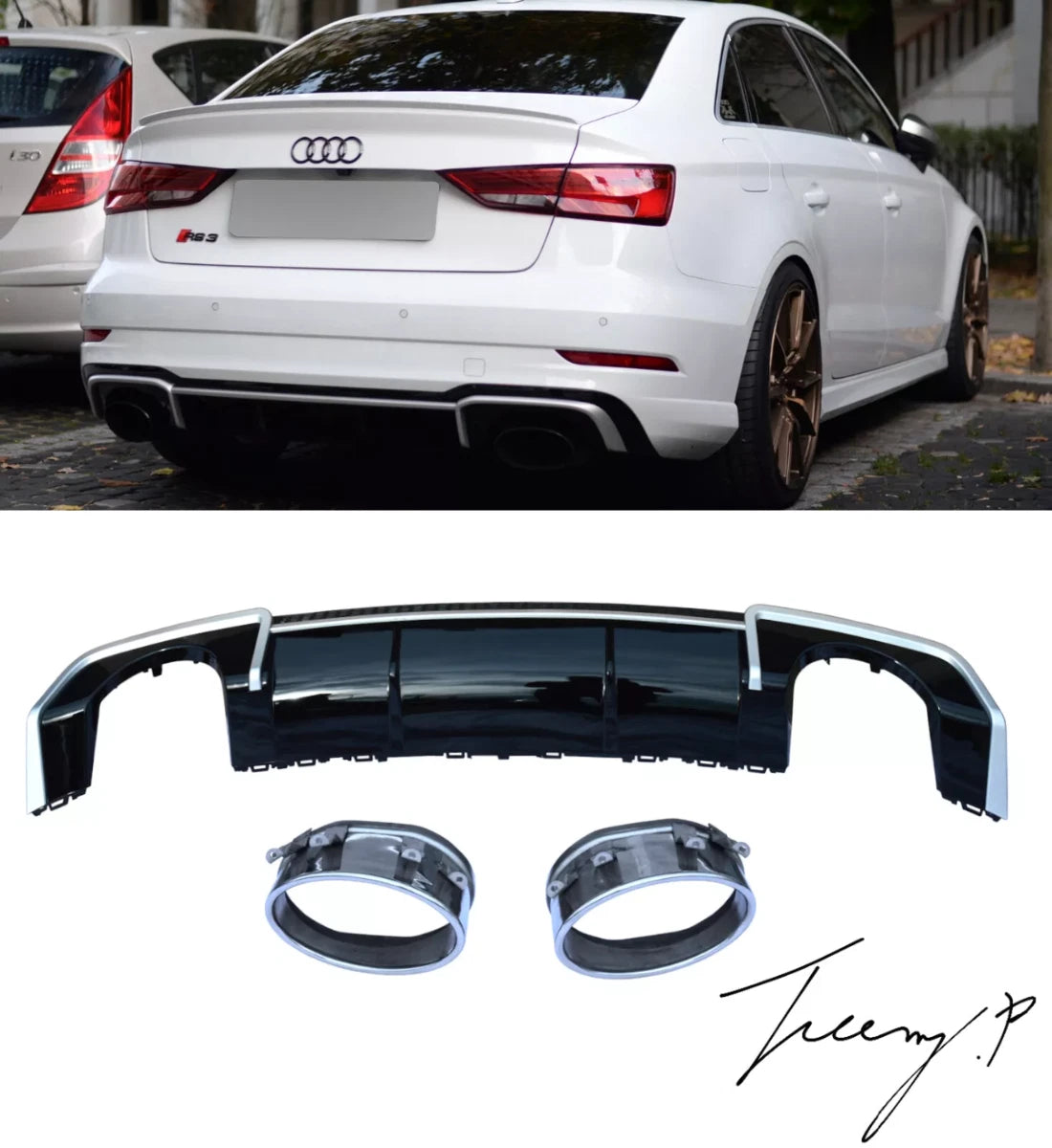 Gloss Black RS3 Style Rear Diffuser With Silver Tips For Audi A3 8V Saloon 2013-2016