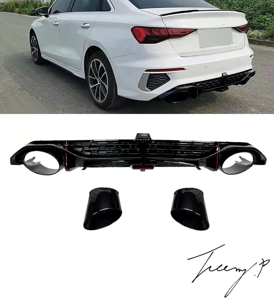 Gloss black RS3-style rear diffuser with black exhaust tips installed on a 2021-2024 Audi A3 Saloon (8Y)