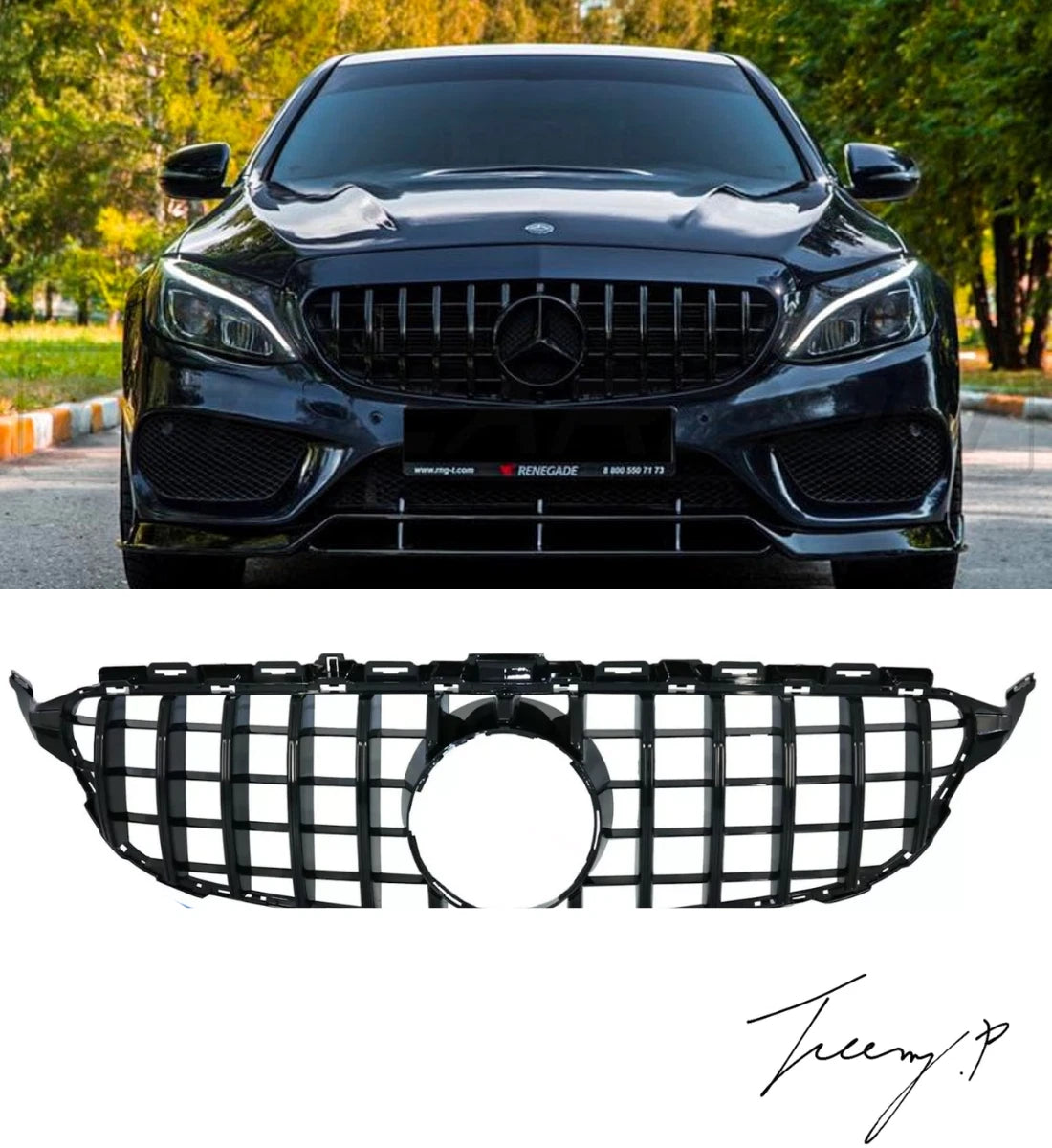 Mercedes C Class W205 C205 2015–2021 AMG GT Style Front Grille Gloss Black OEM