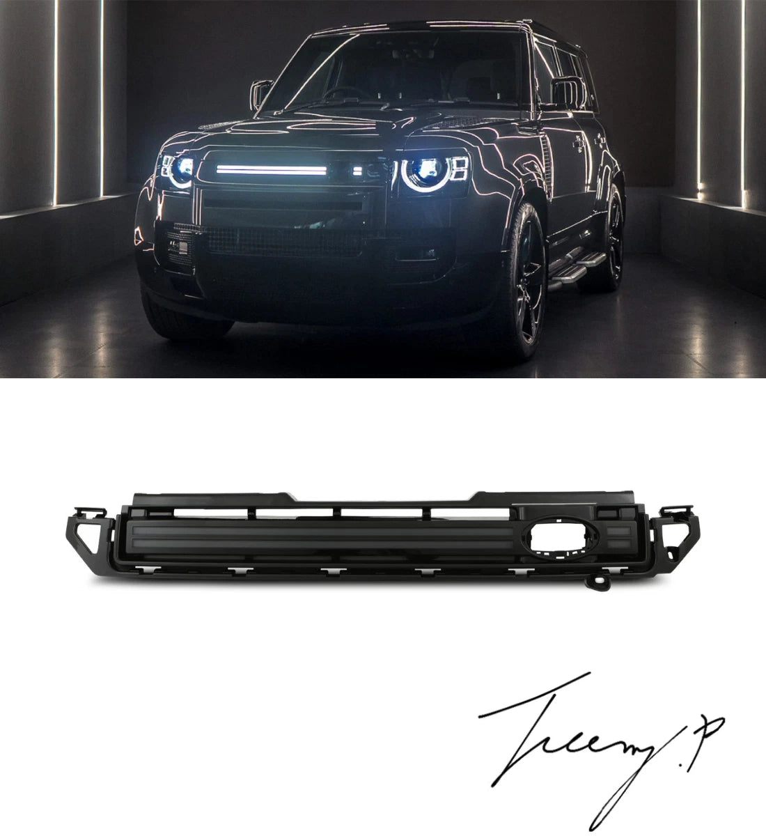 Gloss black front grille with integrated LED light installed on a 2020-2026 Land Rover Defender (L663)