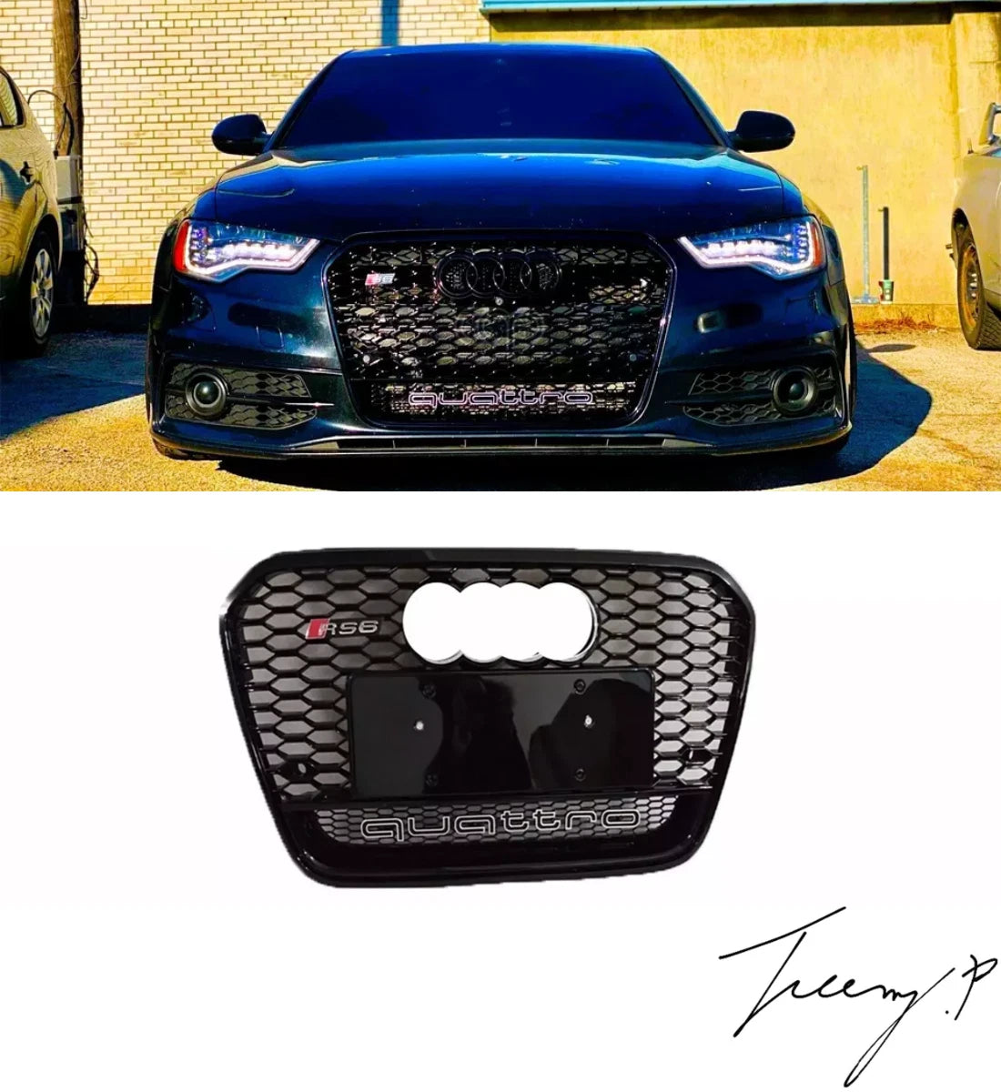 RS6 Style Gloss Black Front Main Grille Honeycomb Mesh for Audi A6 S6 C7 2013-2015