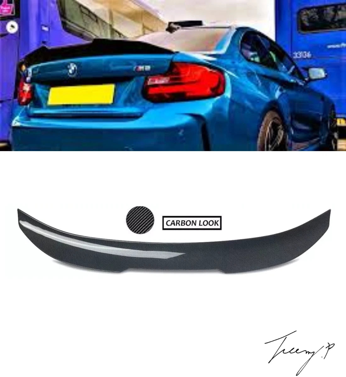 Carbon fiber-look PSM-style high kick ducktail spoiler installed on a 2014-2021 BMW 2 Series / M2 F22 Coupe / F87 M2
