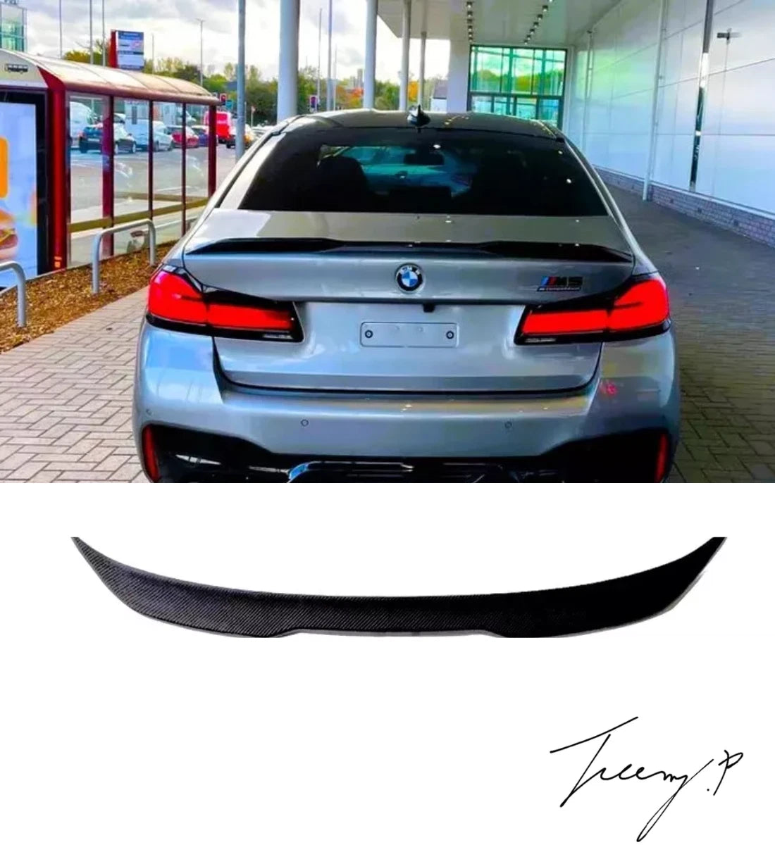 Carbon fiber look CS style rear boot spoiler lip wing installed on a 2016-2023 BMW 5 Series G30 or M5 F90