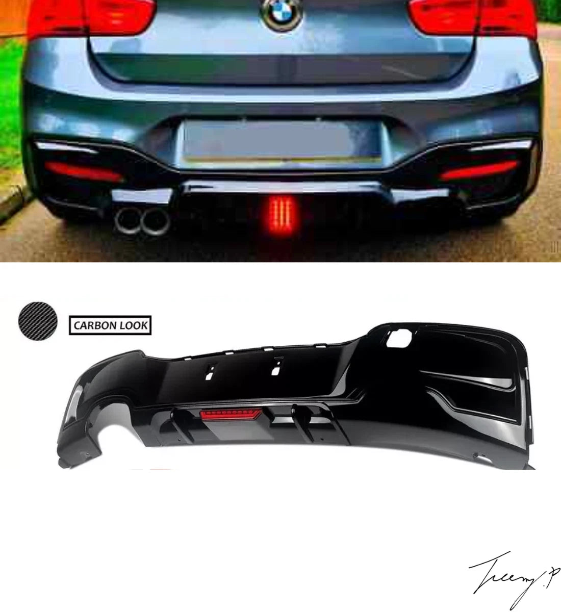 Carbon-look rear diffuser lip valance installed on a 2011-2015 BMW 1 Series Pre-LCI (F20 / F21)
