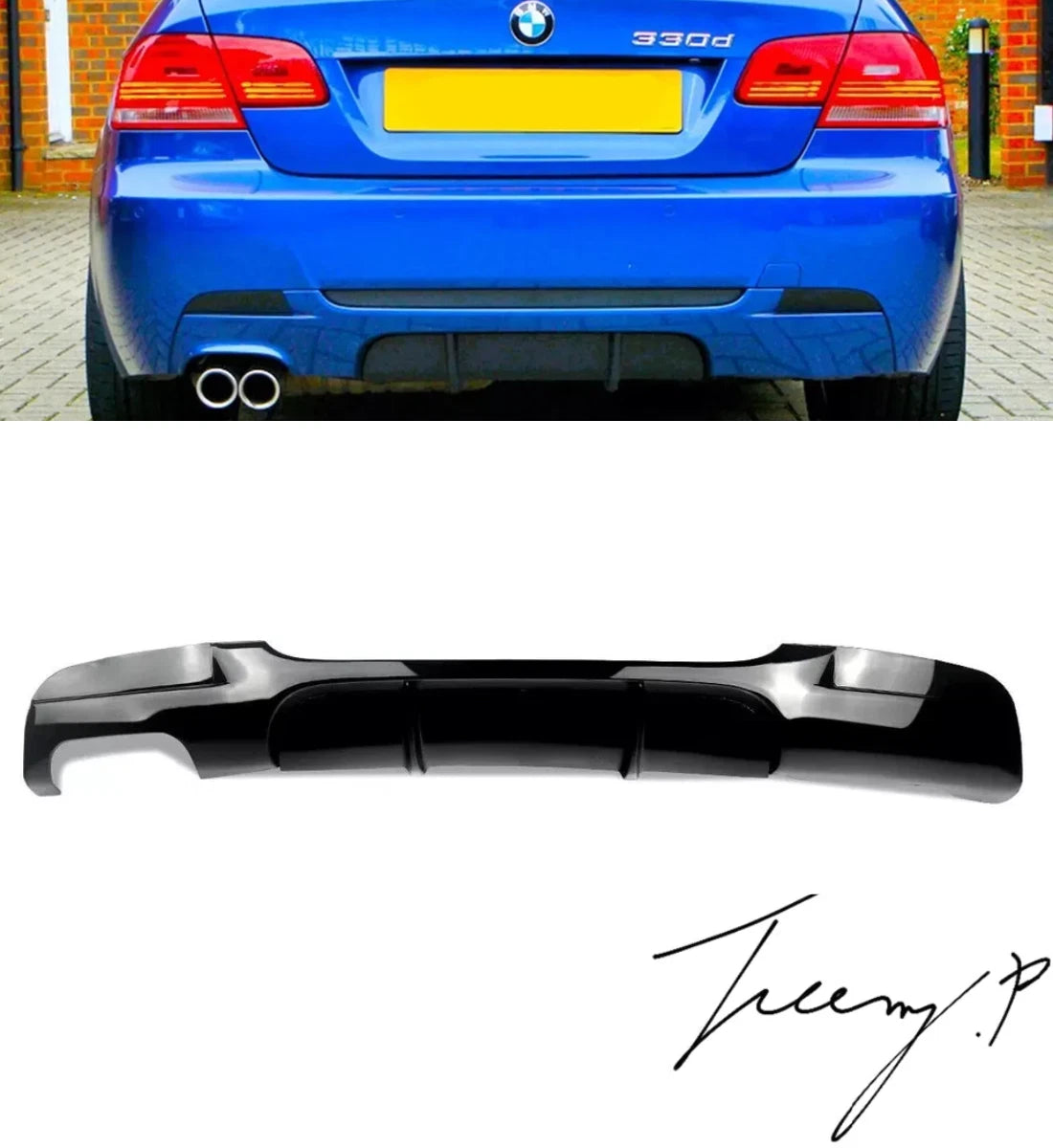 Gloss black rear valance diffuser spoiler installed on a 2006-2013 BMW 3 Series (E92 / E93) M Sport