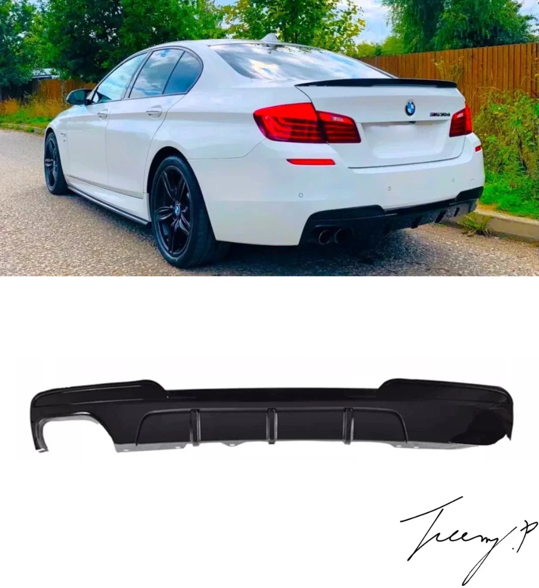 Gloss black twin-exit rear valance diffuser installed on a 2010-2017 BMW 5 Series (F10 / F11) M Sport