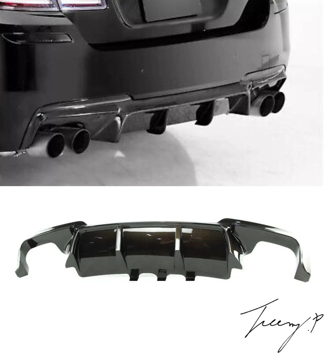 Carbon-look quad-exit rear diffuser installed on a 2010-2017 BMW 5 Series / M5 (F10 / F11) M Sport