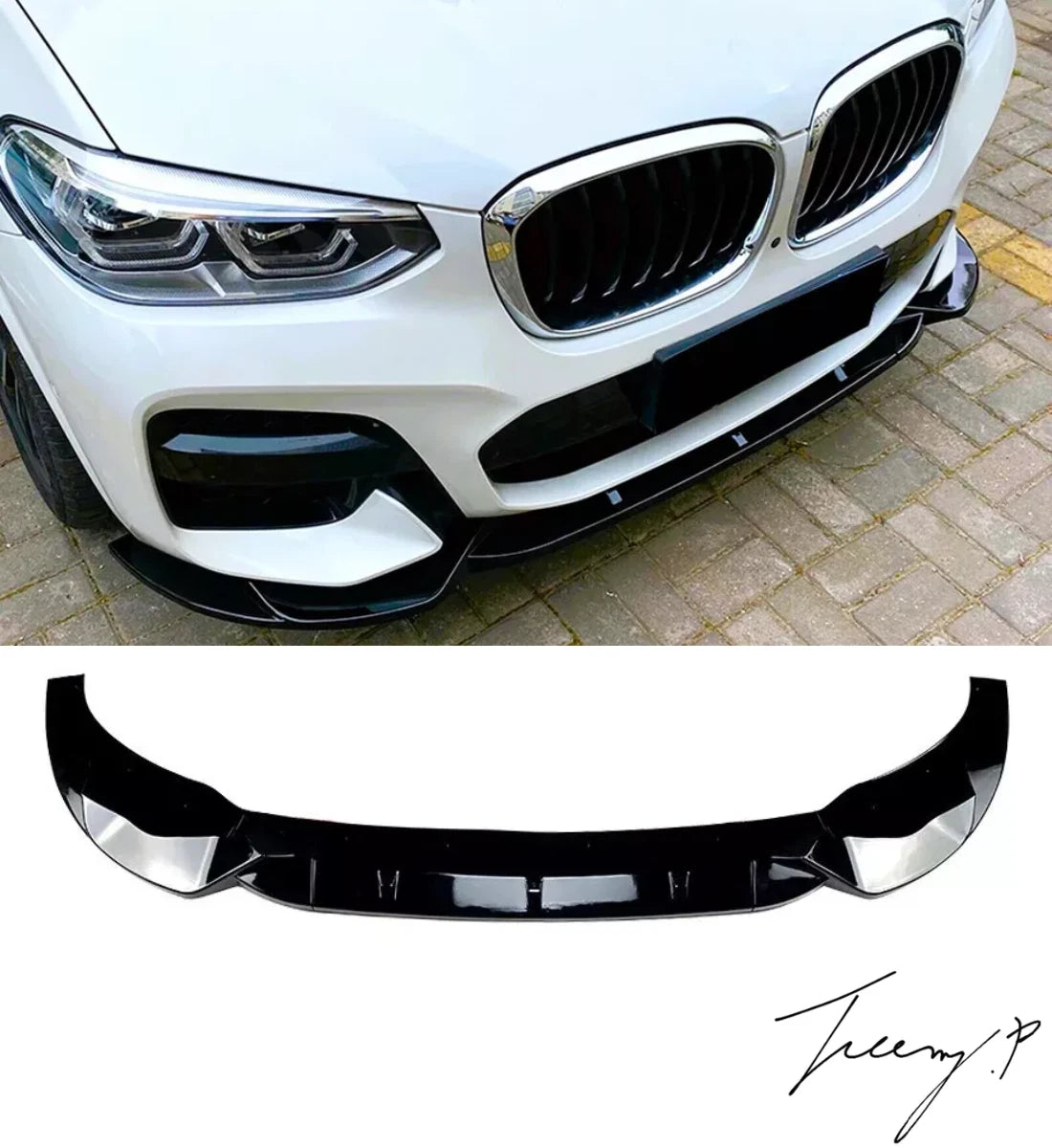 Gloss black front splitter spoiler lip installed on a 2018-2021 BMW X3 Pre-LCI (G01) M Sport