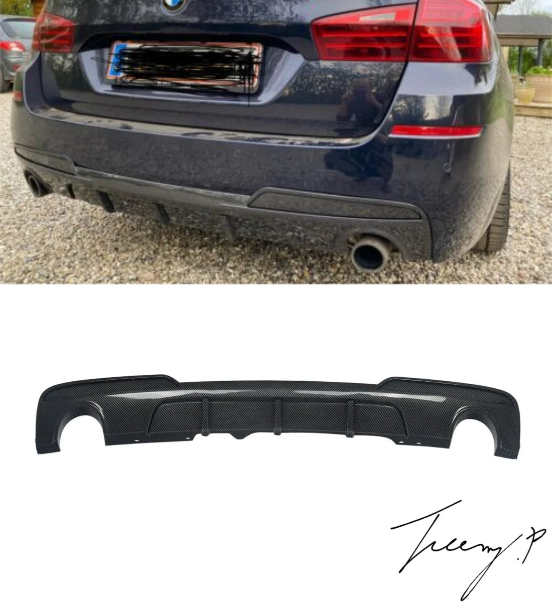 Carbon-look dual-exit M Sport rear valance diffuser installed on a 2010-2017 BMW 5 Series (F10 / F11)