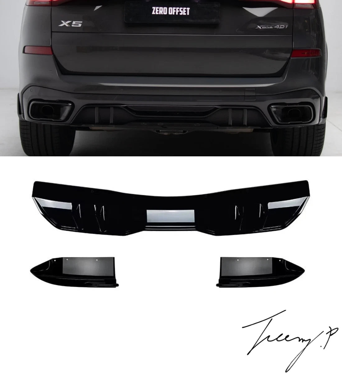 Gloss black rear diffuser lip valance installed on a 2018-2022 BMW X5 Pre-LCI (G05) M Sport