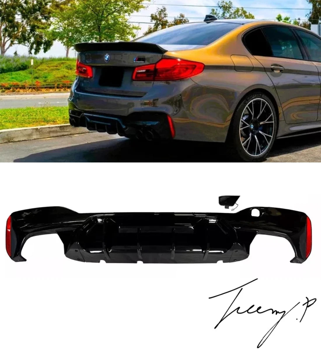 BMW 5 SERIES G30 G38 2017 - 2022 GLOSS BLACK REAR VALANCE DIFFUSER QUAD BODYKIT