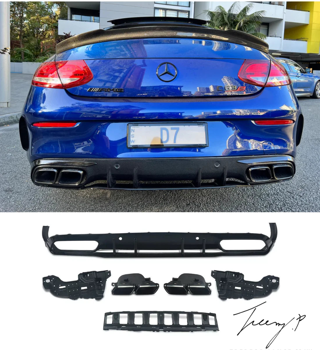 MERCEDES C CLASS A205 C205 COUPE AMG 2015 - 2023 C63 S STYLE REAR DIFFUSER WITH TAIL PIPES BODYKIT