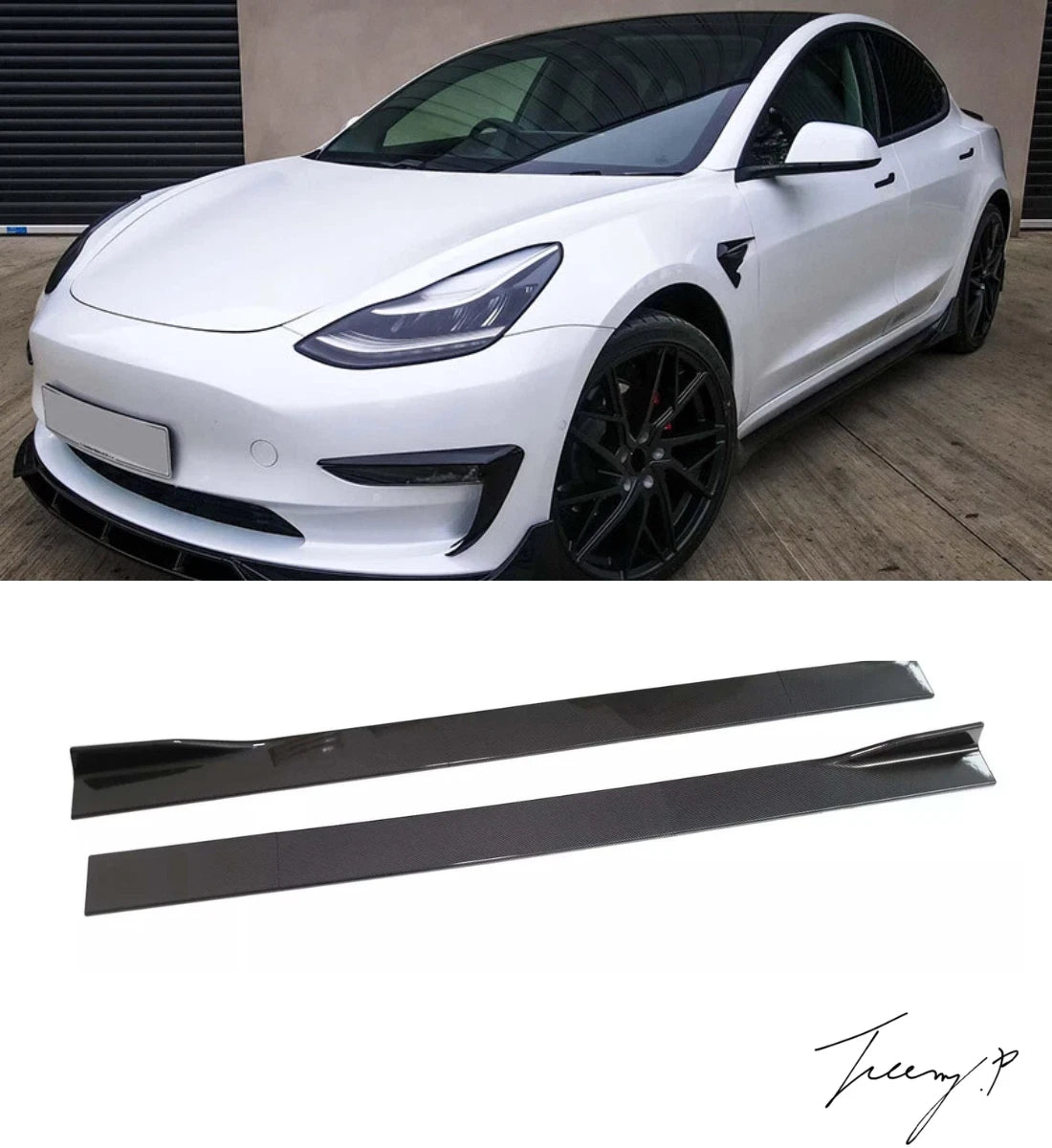 Tesla Model 3 (2017+) Carbon Fiber Side Skirts Extension Lip Splitter Spoiler Kit