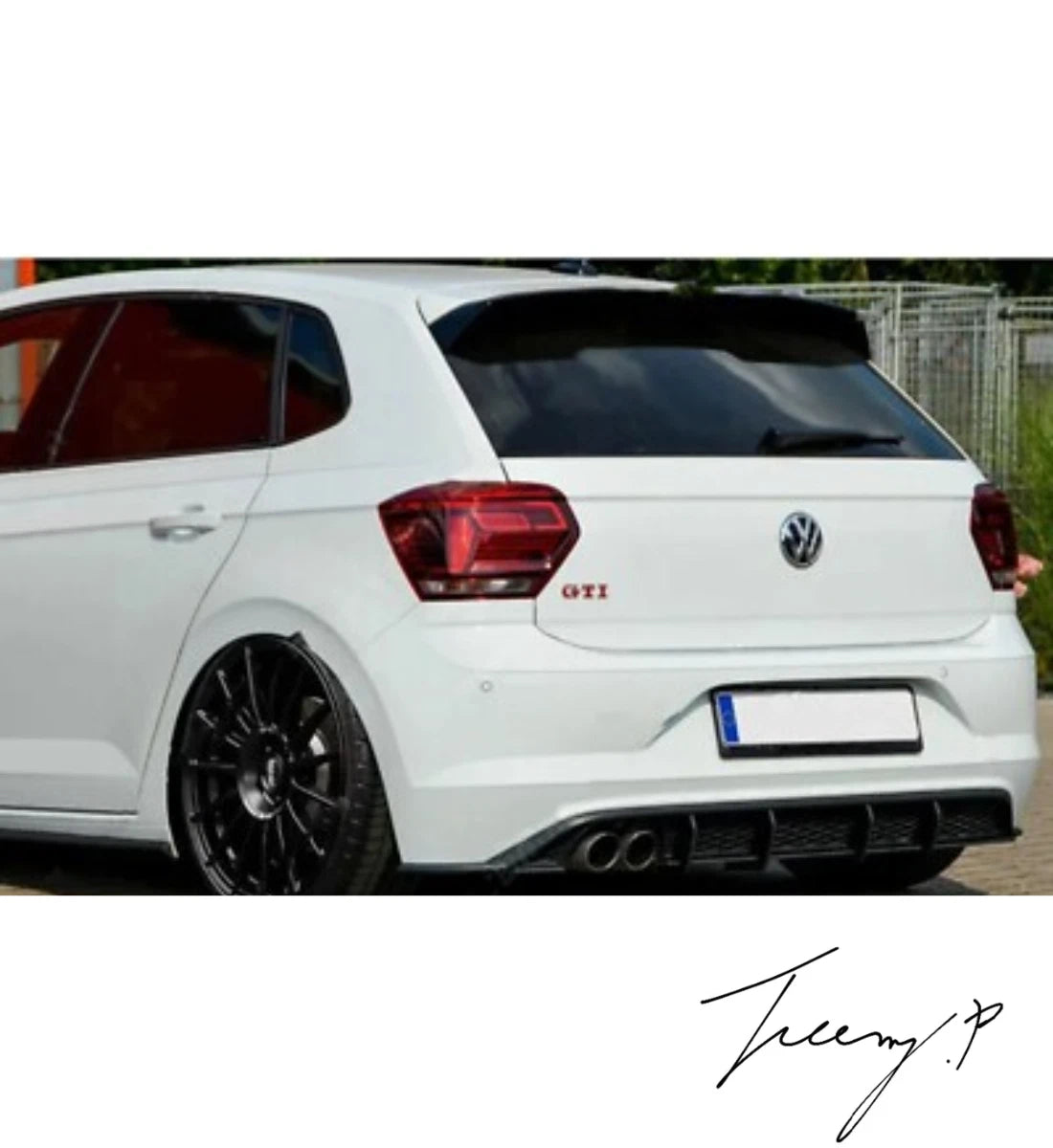 Gloss black rear bumper blade diffuser lip installed on a 2018-2022 Volkswagen Polo MK6 GTI (AW)