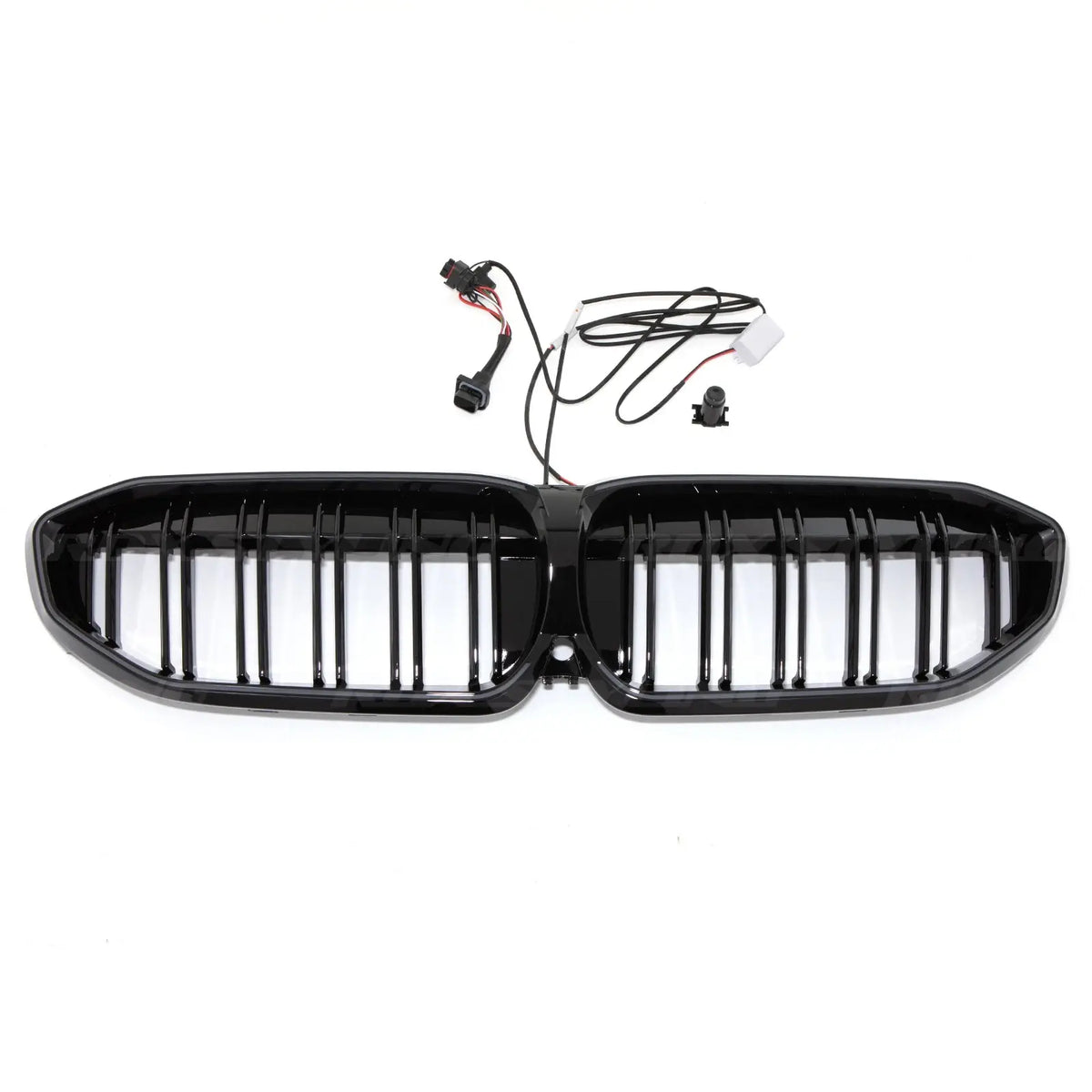 Front angle view of gloss black double-slat LED light bar kidney grille installed on a 2019 to 2022 BMW 3 Series G20.
