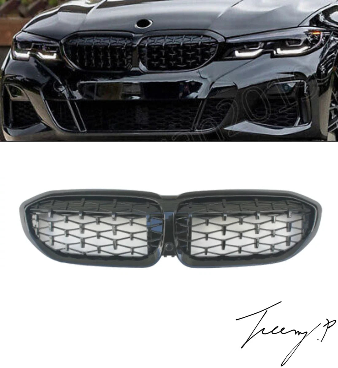 Gloss black full diamond-style front kidney grille installed on a 2019-2022 BMW 3 Series G20 / G21