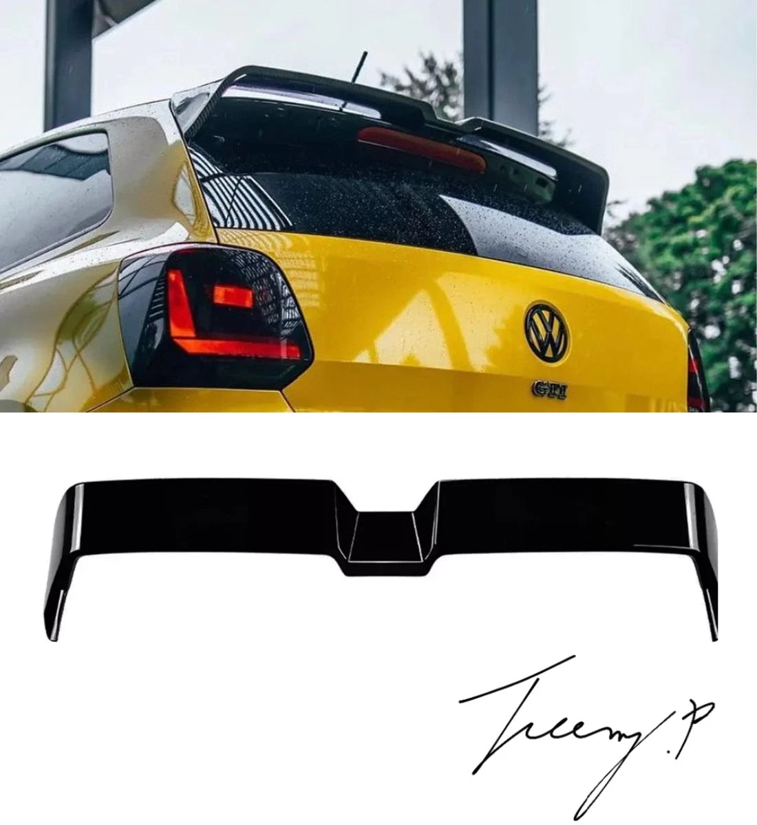 Gloss black Oettinger-style rear roof spoiler installed on a 2009-2017 Volkswagen Polo MK5 (6R / 6C / GTI / R)