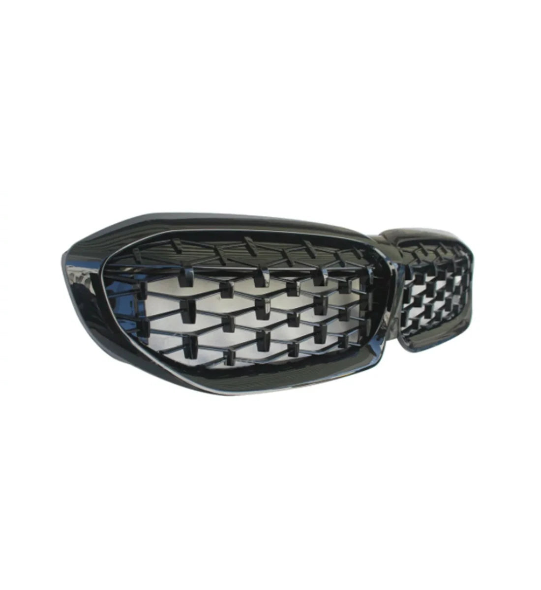 Gloss black full diamond-style front kidney grille installed on a 2019-2022 BMW 3 Series G20 / G21
