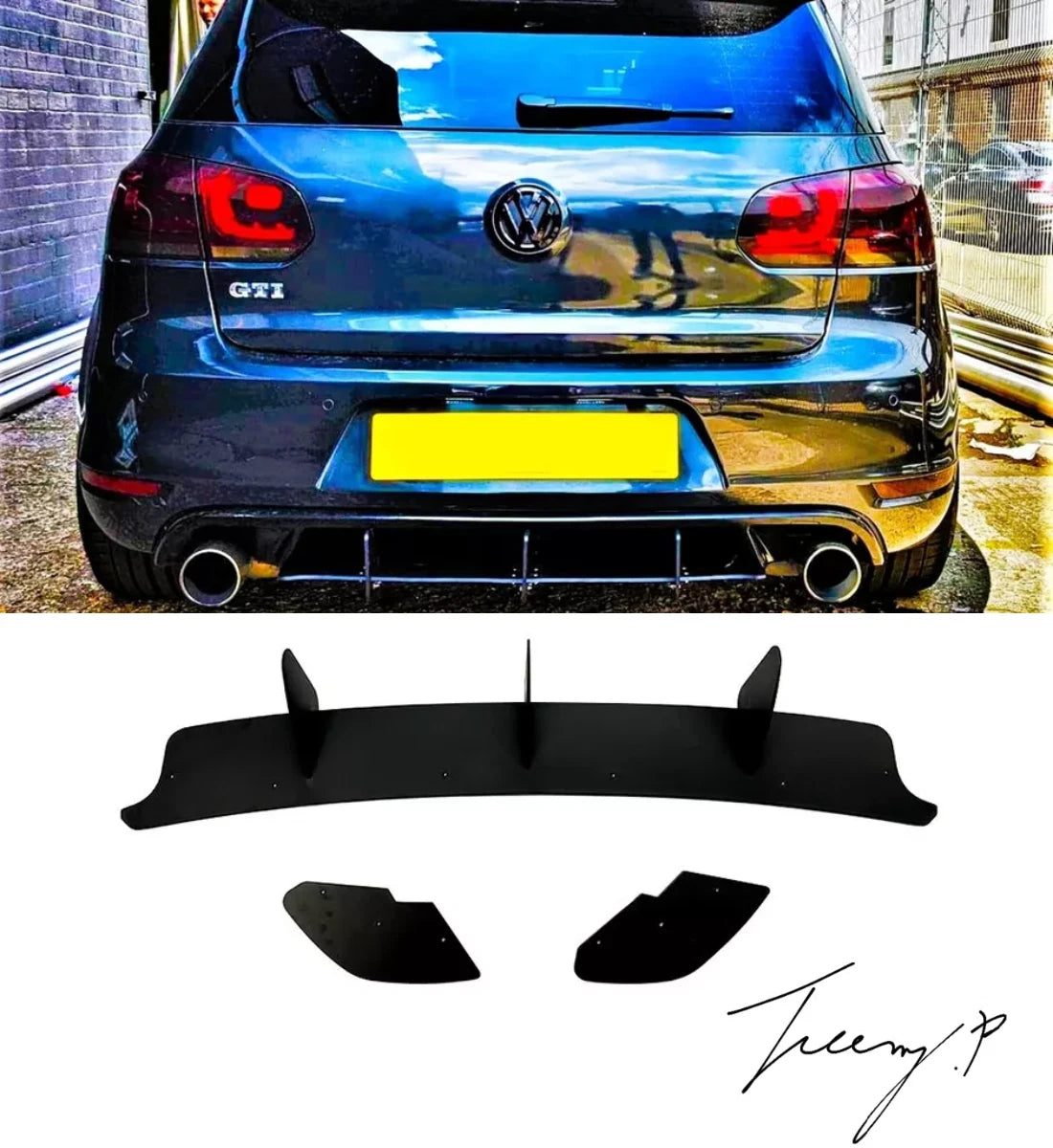Gloss black rear blade fin diffuser and side splitters body kit installed on a 2008-2013 Volkswagen Golf GTI MK6