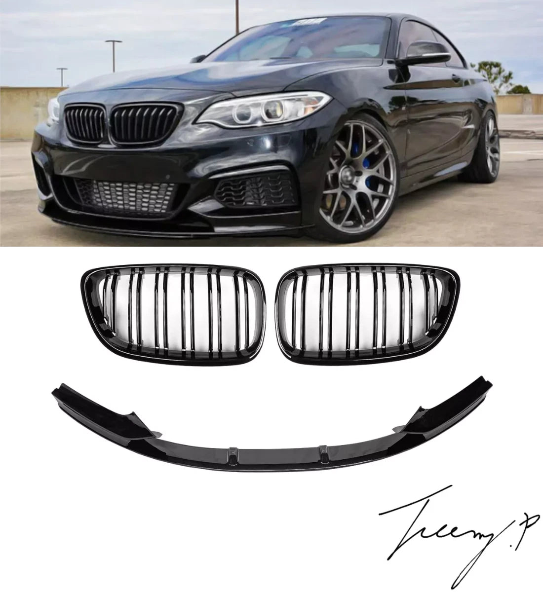 Gloss black front kidney grille and matching front splitter lip installed on a 2014-2021 BMW 2 Series F22 / F23