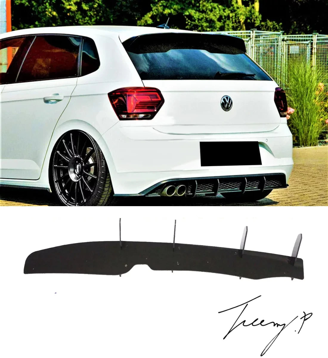 Gloss black rear bumper blade diffuser lip installed on a 2018-2022 Volkswagen Polo MK6 GTI (AW)