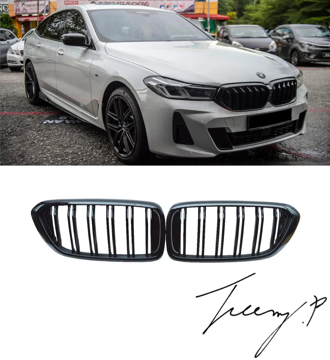 Gloss black OEM-fit double-slat front kidney grille installed on a 2017-2020 BMW 6 Series Gran Turismo G32