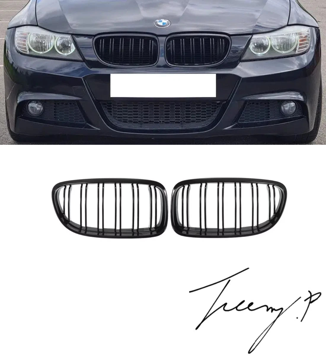 Gloss black OEM-fit double-slat front kidney grilles installed on a 2008-2012 BMW 3 Series LCI (E90 / E91)