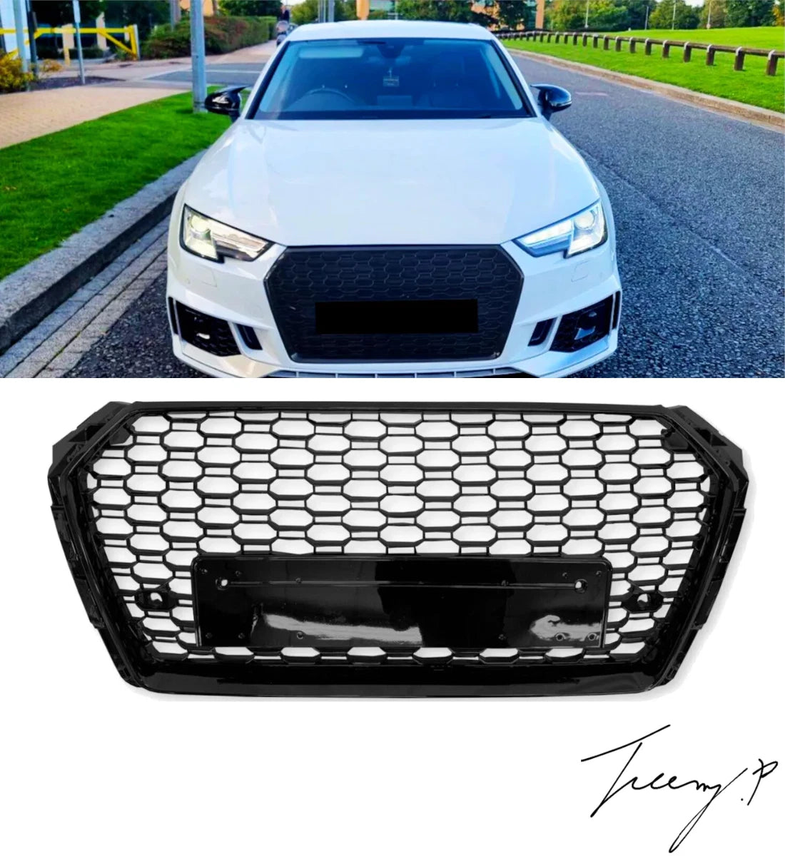 Gloss black RS4-style honeycomb mesh front grille installed on a 2016-2019 Audi A4 / S4 (B9)