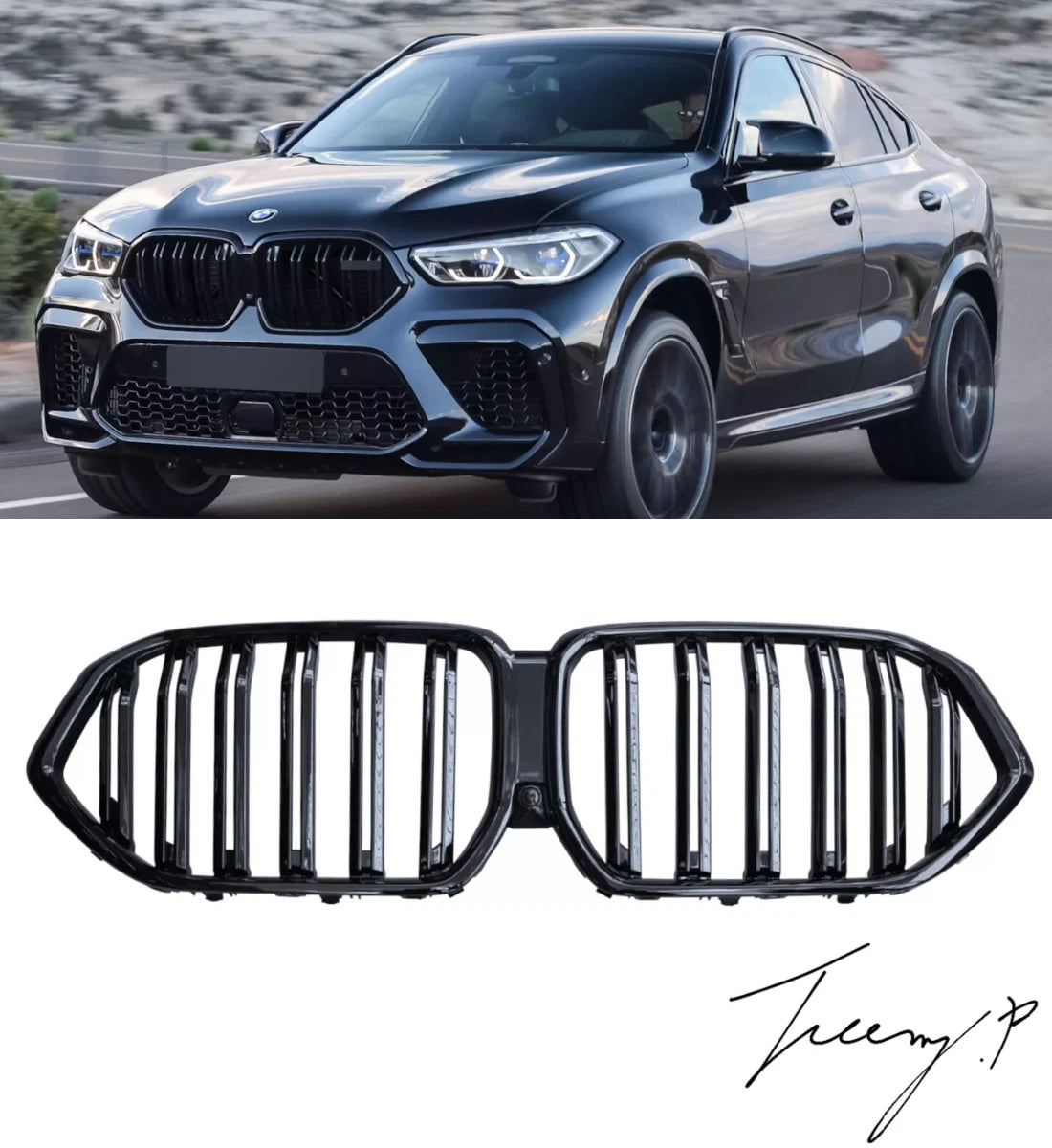 Gloss Black Double Slat Front Kidney Grille For BMW X6 G06 2019-2023 OEM Fit